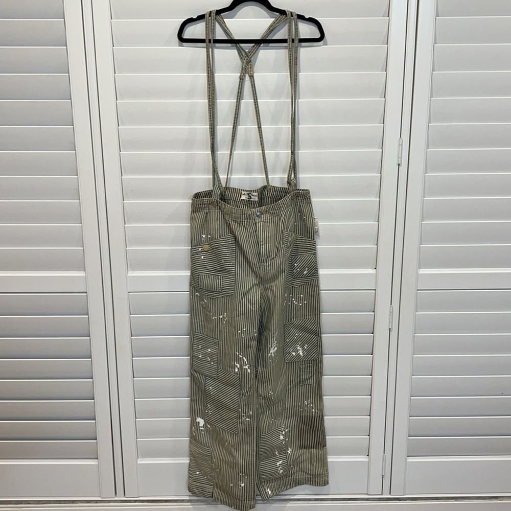 Free People Striped Overalls in Olive and White